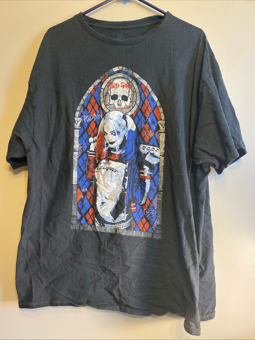 Harley Quinn Shirt Men’s 2XL Black Graphic Print Stained Glass Suicide Squad‎
